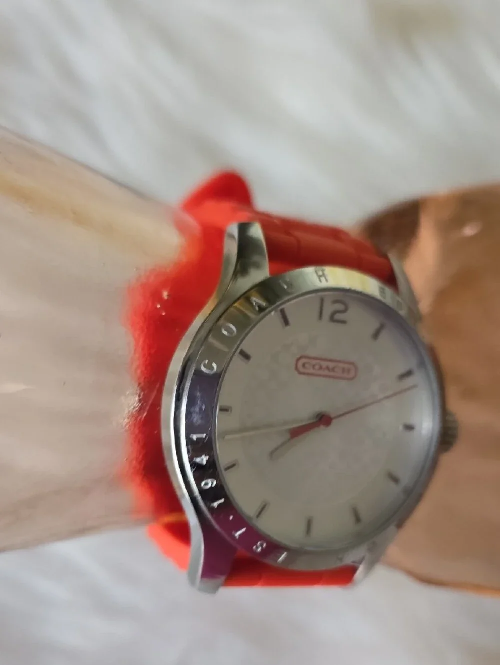 Coach Women's Silver Case Watch with Red Silicone Strap